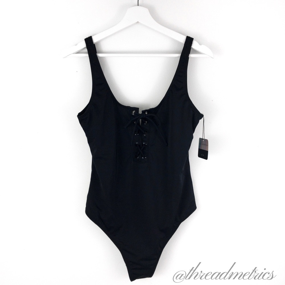 ▸ L.A. H E A R T S ▸ Black Lace Up One-Piece - Picture 2 of 7